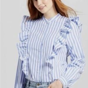 Who What Wear Women's Ruffle Blouse Top Stripes Long Sleeve Blue White SZ XS